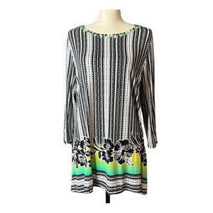 Ruby Rd. Tunic Top in Black White with Floral Bottom in Green Yellow Size Large